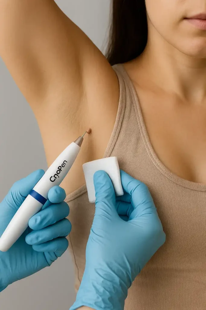 woman having cryopen to remove underarm skin tags East Kilbride