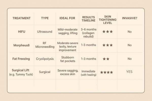 Table showing the comparisons of Skin tightening East Kilbride treatment options.